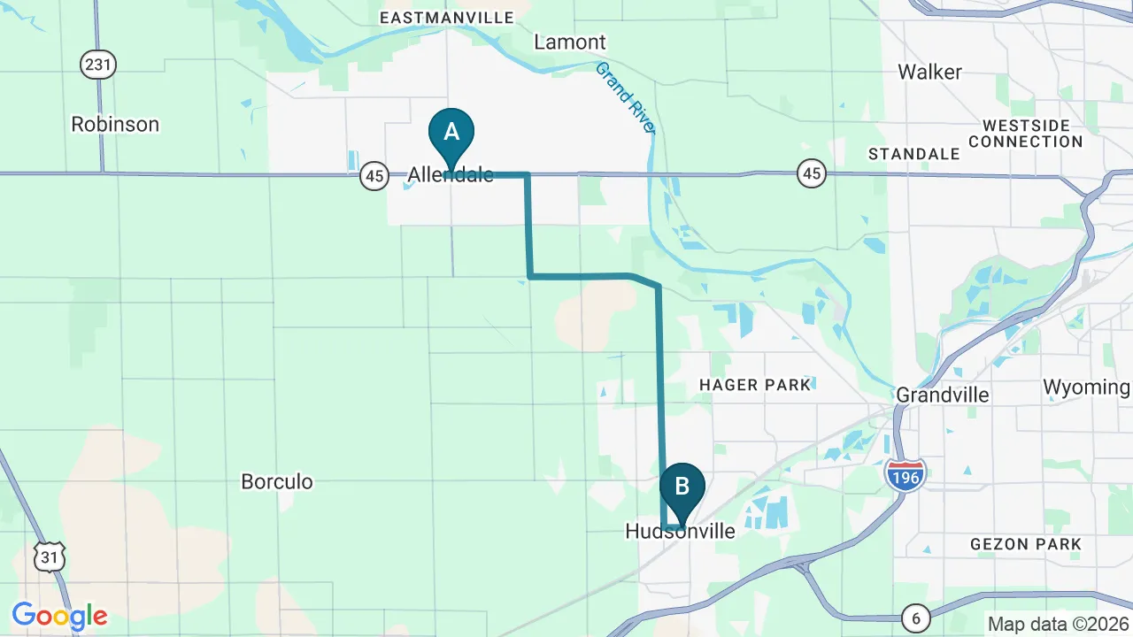Driving directions map from Allendale, MI to Nokomis Chiropractic and Wellness in Minneapolis