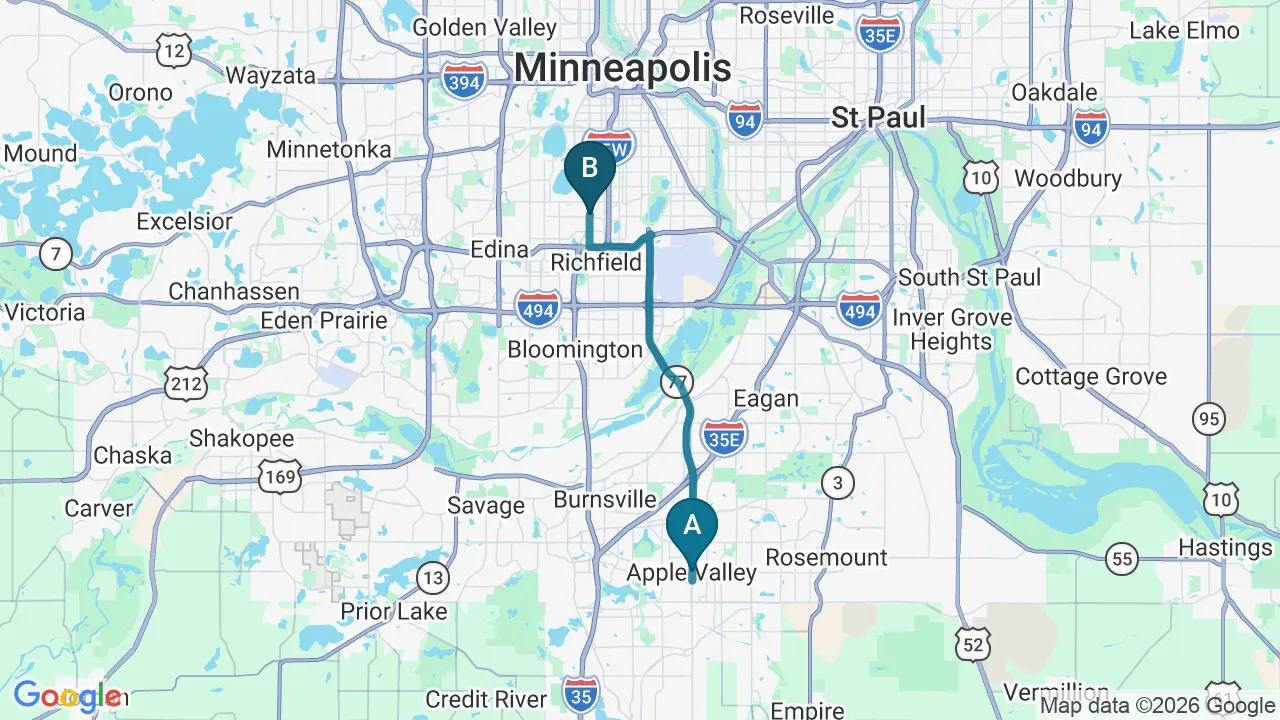 Driving directions map from Apple Valley, MN to Nokomis Chiropractic and Wellness in Minneapolis