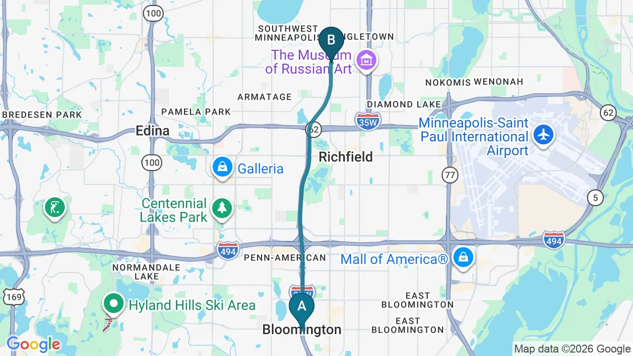 Driving directions map from Bloomington, MN to Nokomis Chiropractic and Wellness in Minneapolis