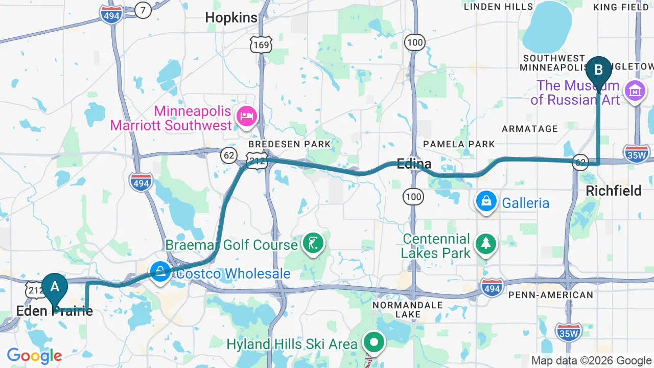 Driving directions map from Eden Prairie, MN to Nokomis Chiropractic and Wellness in Minneapolis