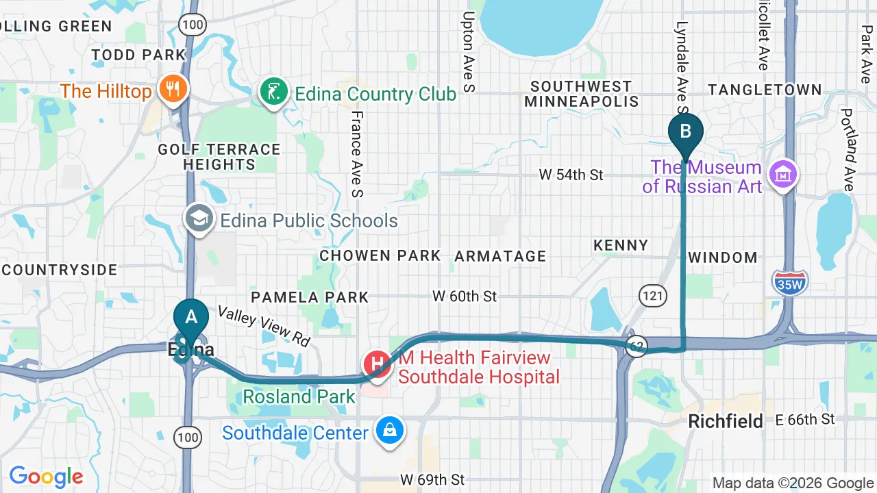 Driving directions map from Edina, MN to Nokomis Chiropractic and Wellness in Minneapolis