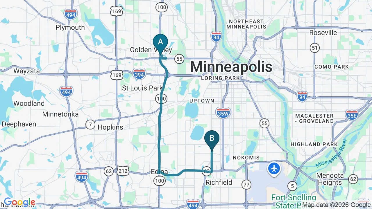 Driving directions map from Golden Valley, MN to Nokomis Chiropractic and Wellness in Minneapolis