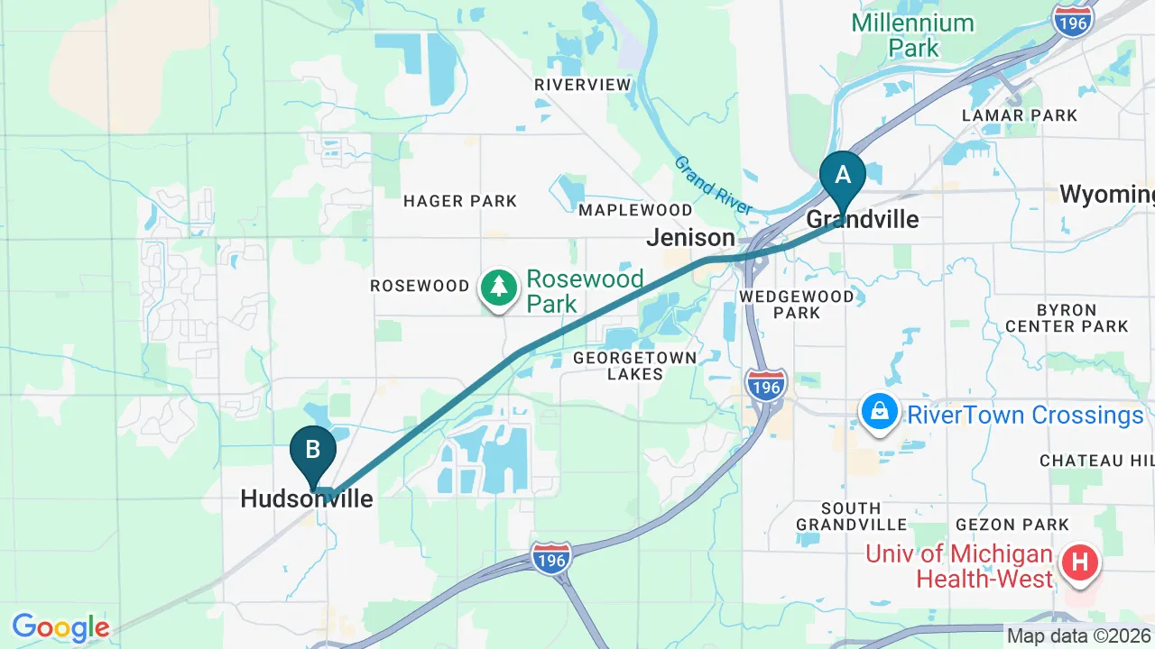 Driving directions map from Grandville, MI to Nokomis Chiropractic and Wellness in Minneapolis