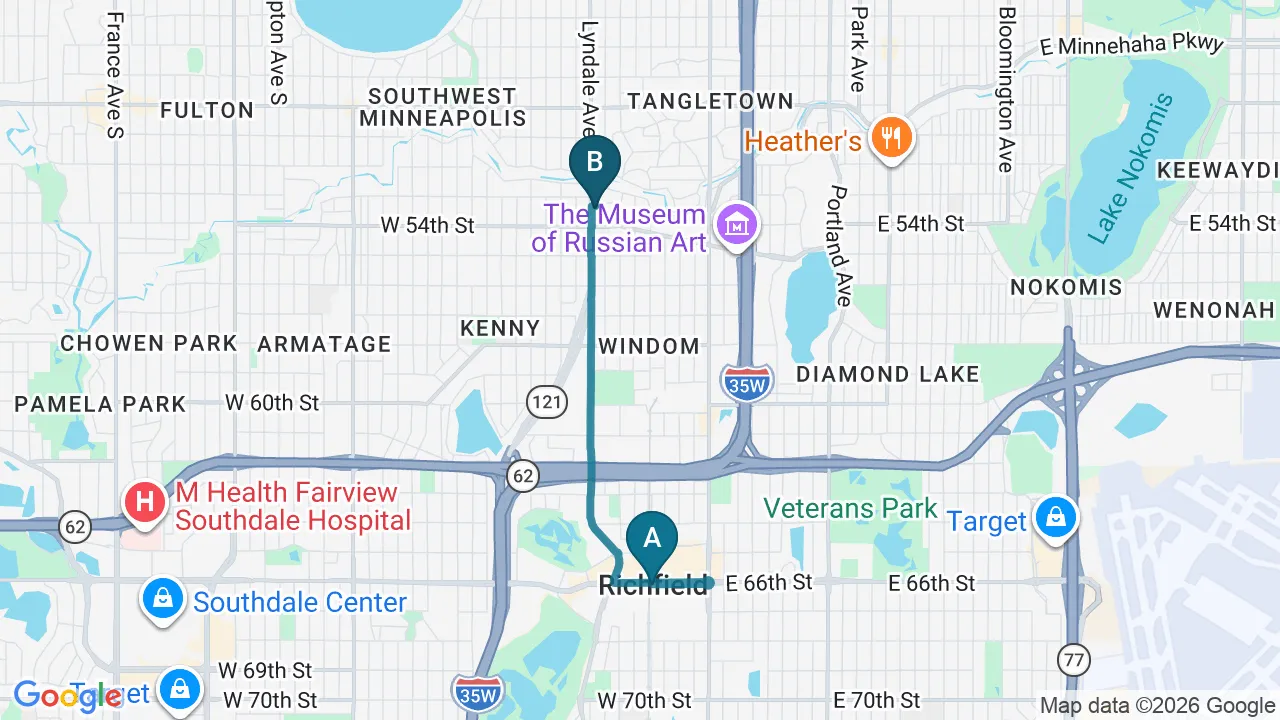 Driving directions map from Richfield, MN to Nokomis Chiropractic and Wellness in Minneapolis