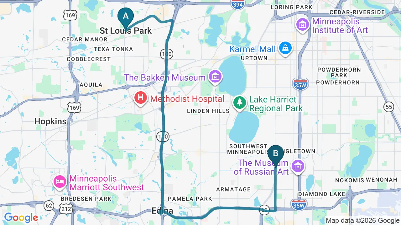 Driving directions map from St. Louis Park, MN to Nokomis Chiropractic and Wellness in Minneapolis