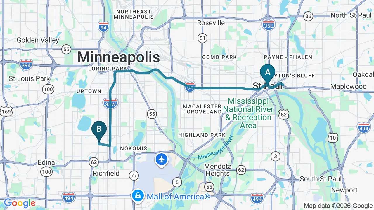 Driving directions map from St. Paul, MN to Nokomis Chiropractic and Wellness in Minneapolis